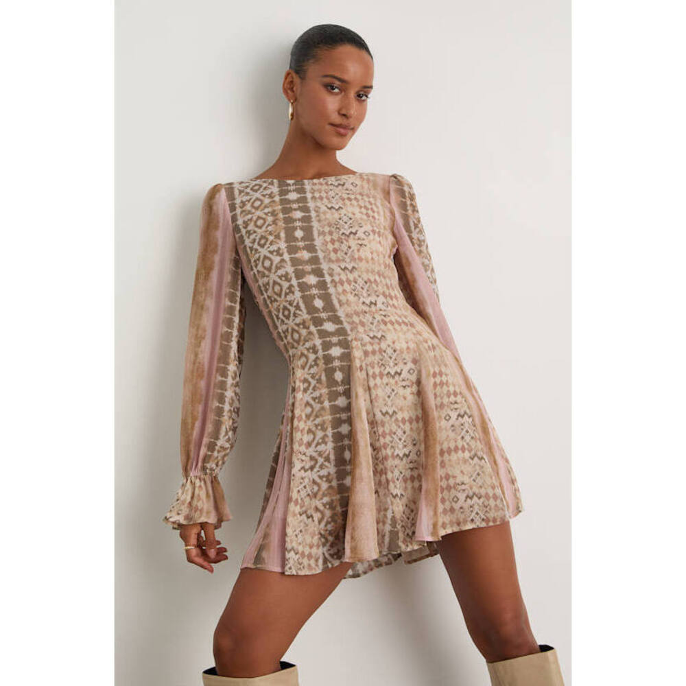 Lulus Kivah Pink And Taupe Boho Long Sleeve Mini Dress (Venmo only please!)